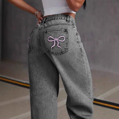 Vintage Bow Embroidered Washed Jeans For Women Straight Loose Trousers