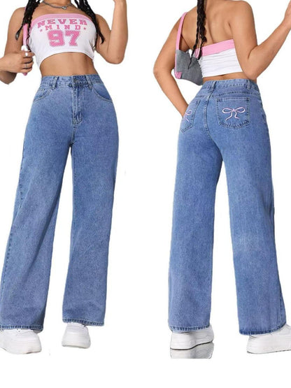 Vintage Bow Embroidered Washed Jeans For Women Straight Loose Trousers