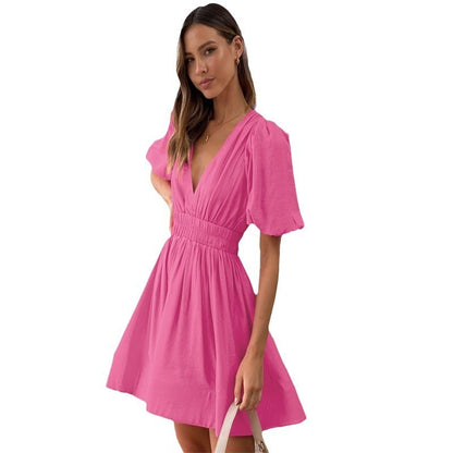 European And American Elegant Dress Sweet Waist Trimming Dress V-Neck Lantern Sleeve Dress Women's Summer Sun Dresses Evening Dress